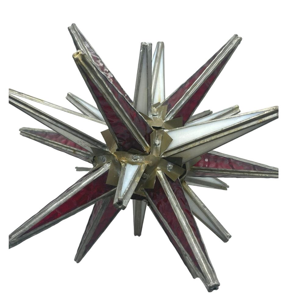 Brutalist Handmade Stained Glass Moravian Star Large Red white signed 1975 R Roy